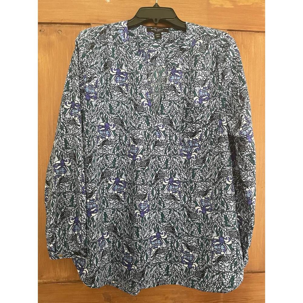 Women’s Nine West Jeans Blue Purple Black Bird Tunic Top Size Large